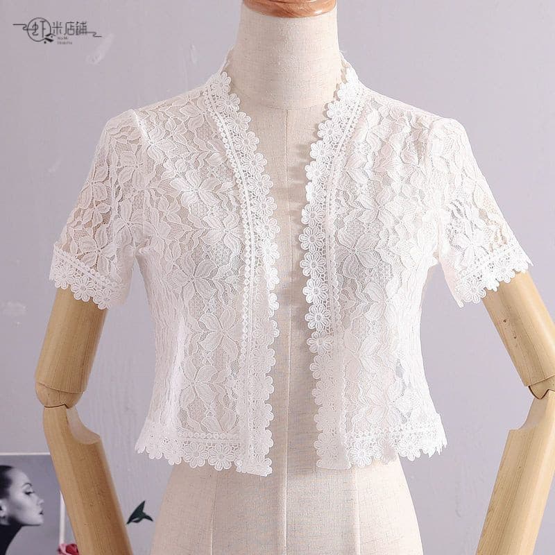 Novo Bolero Feminino Verão Branco Preto Manga Curta Renda Encolhida Véu de Noiva Vestido Formal de Festa Xales MSJJ