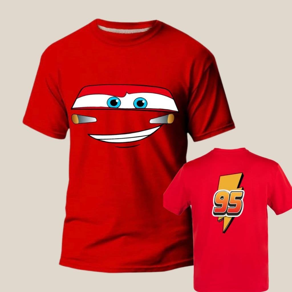 Camiseta Vermelha Relampago Mcqueen Desenho Carros Face Frente e Verso Infantil Adulto