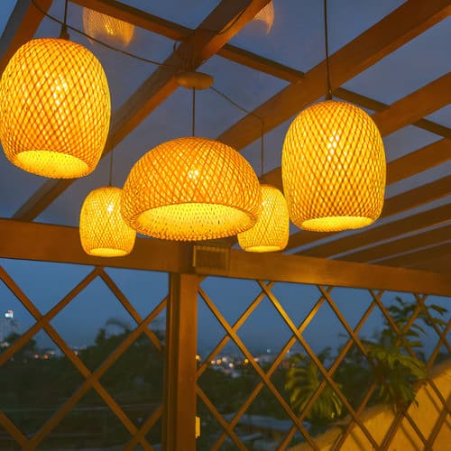 Composicao Kit 5 Pendentes Lustre Fibra Natural Restaurante Chalé Sitio Completo c/ Lampada Bivolt