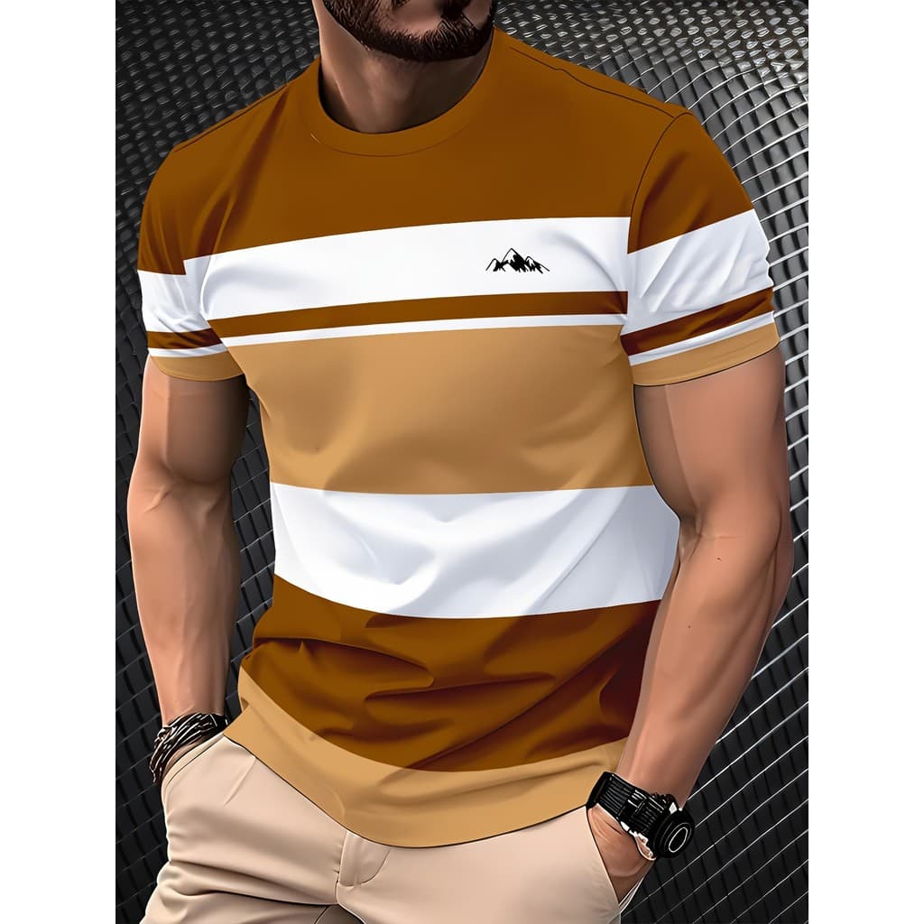 Camiseta Masculina Respirável De Manga Curta Com Estampa Digital 3D – Design Listrado Moderno , Leve E Confortável Gola
