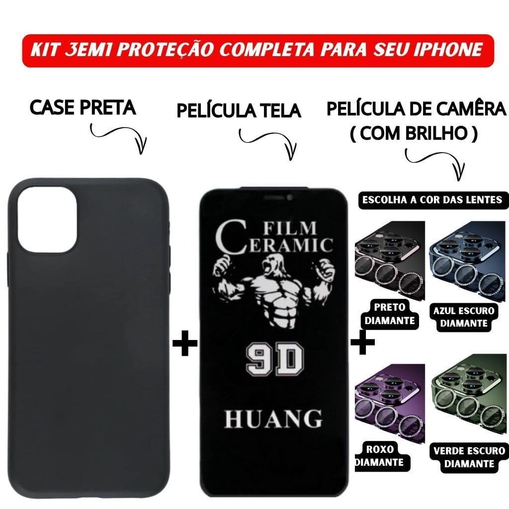 Kit 3 em 1 Case Preta + Película Cerâmica Privacidade + Lente Câmera Diamante Compatível iPhone 11 12 13 14 15 candy