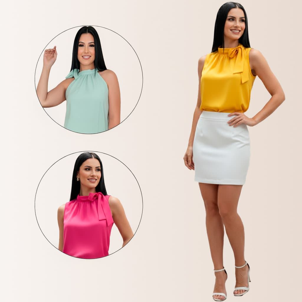 Kit 3 Blusas Laço Pescoço Gola Amarraçao Feminina Elegante