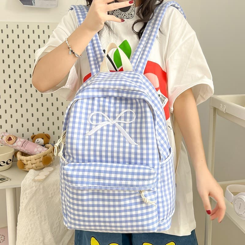Mochila Composta Com Forro De Nylon Xadrez Guingão Branco Azul , Bolsa De Ombro Multifuncional Ultraleve Laço Grande Bor