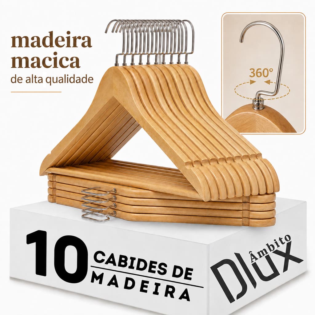 Ambito Dlux 10 Cabides Madeira Natural 44cm Reforçado 3D Ombro Gancho Giratório 360°