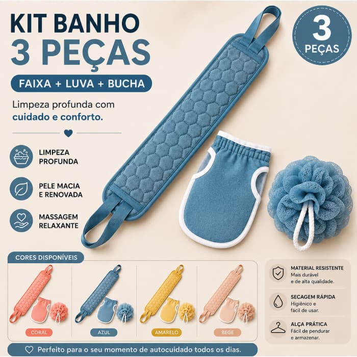Faixa Esfoliante Para Banho + Luva + Bucha Corporal Kit Limpeza Profunda Spa
