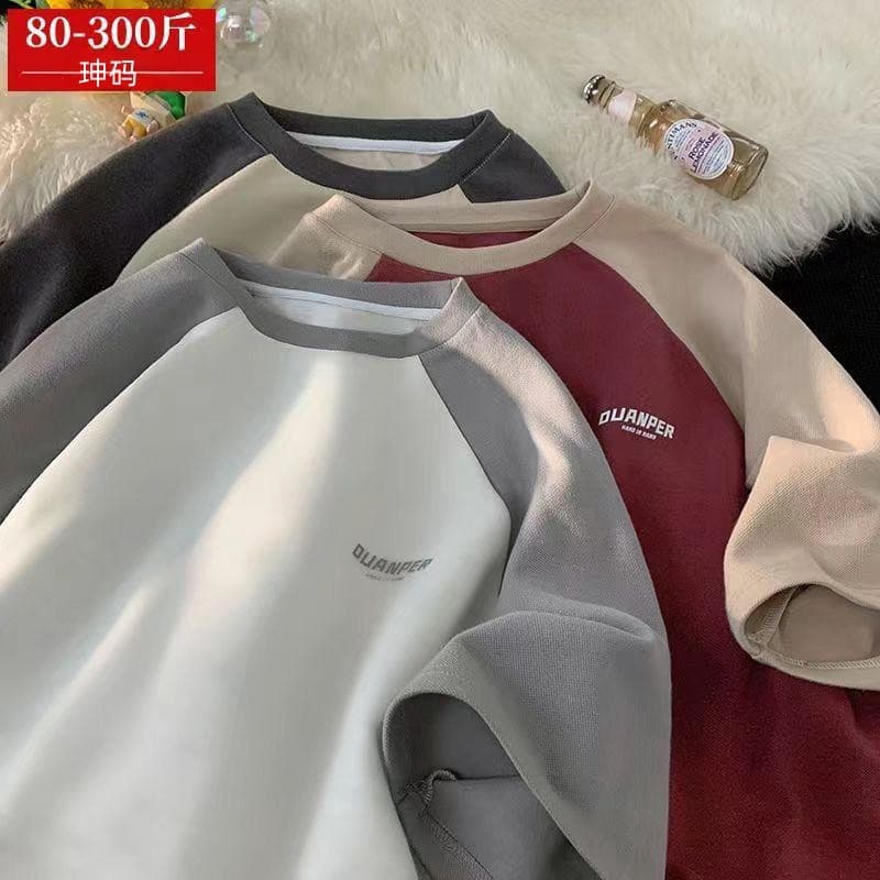 Tamanho Extra grande 150kg verão americano Retro contraste cor meia manga topo solto Casual camiseta de manga curta masc