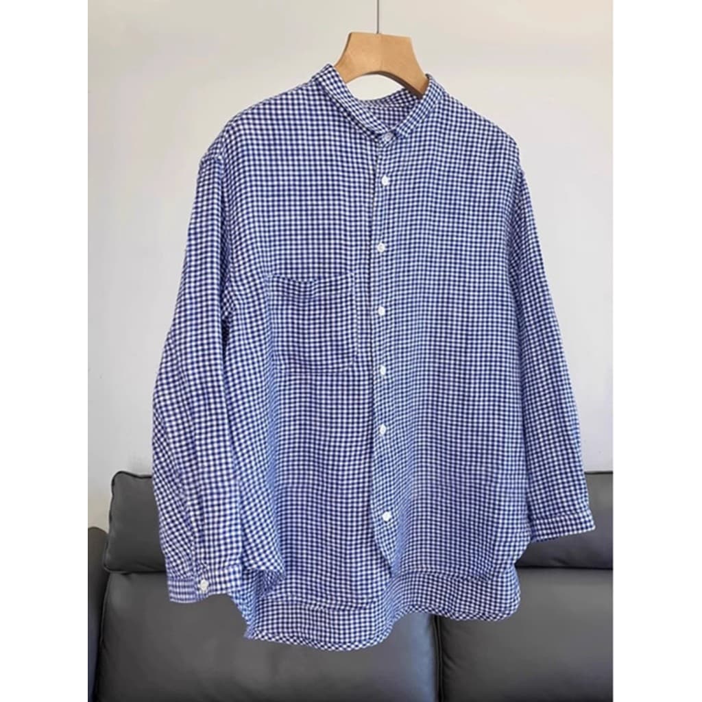 Estilo literário gola pequena xadrez solta confortável camisa de linho feminina 2024 início do outono novo estilo Commut