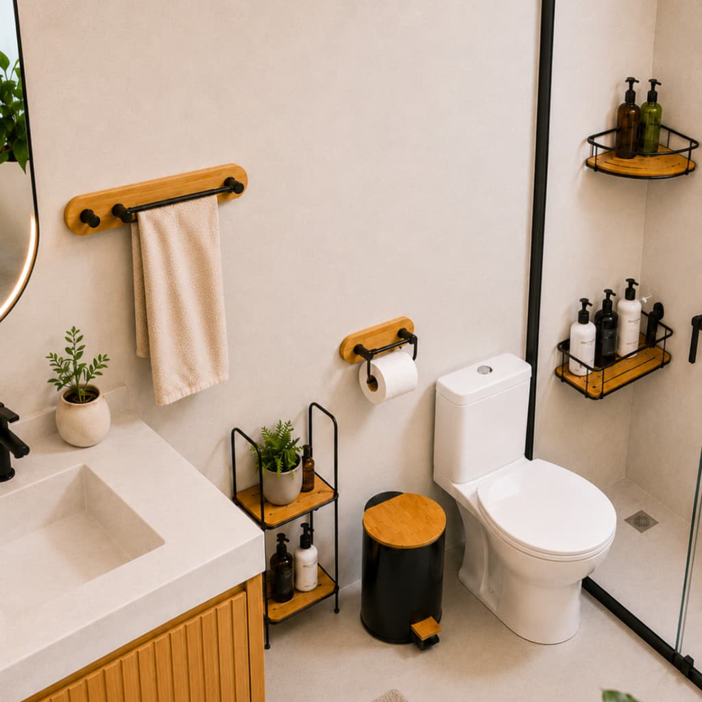 Kit Acessórios Banheiro Preto Bambu Porta Toalha Porta Papel Porta Shampoo Prateleira Lixeira rack luxo