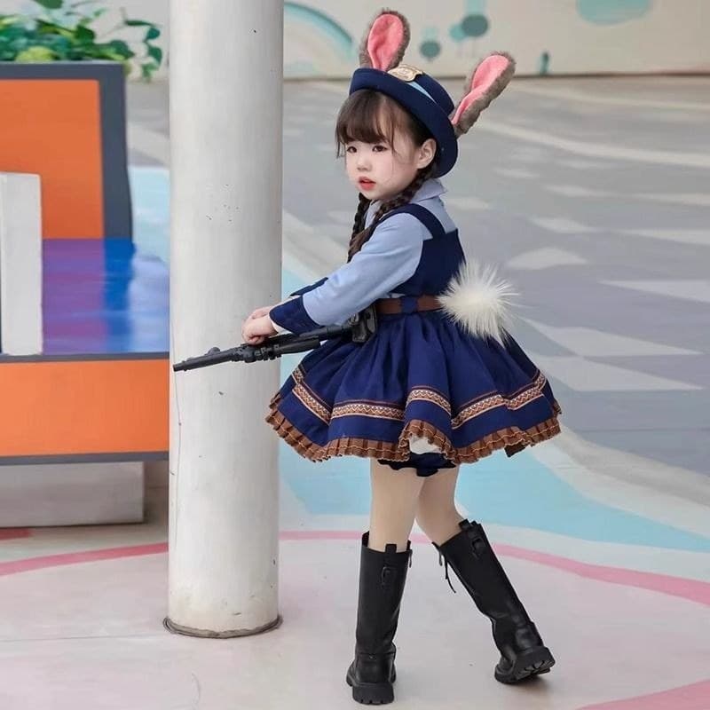 Ela coelho xerife Judy terno crianças vestido Halloween menina traje dos desenhos animados Lolita princesa#兔子警长朱迪套装儿童连衣裙