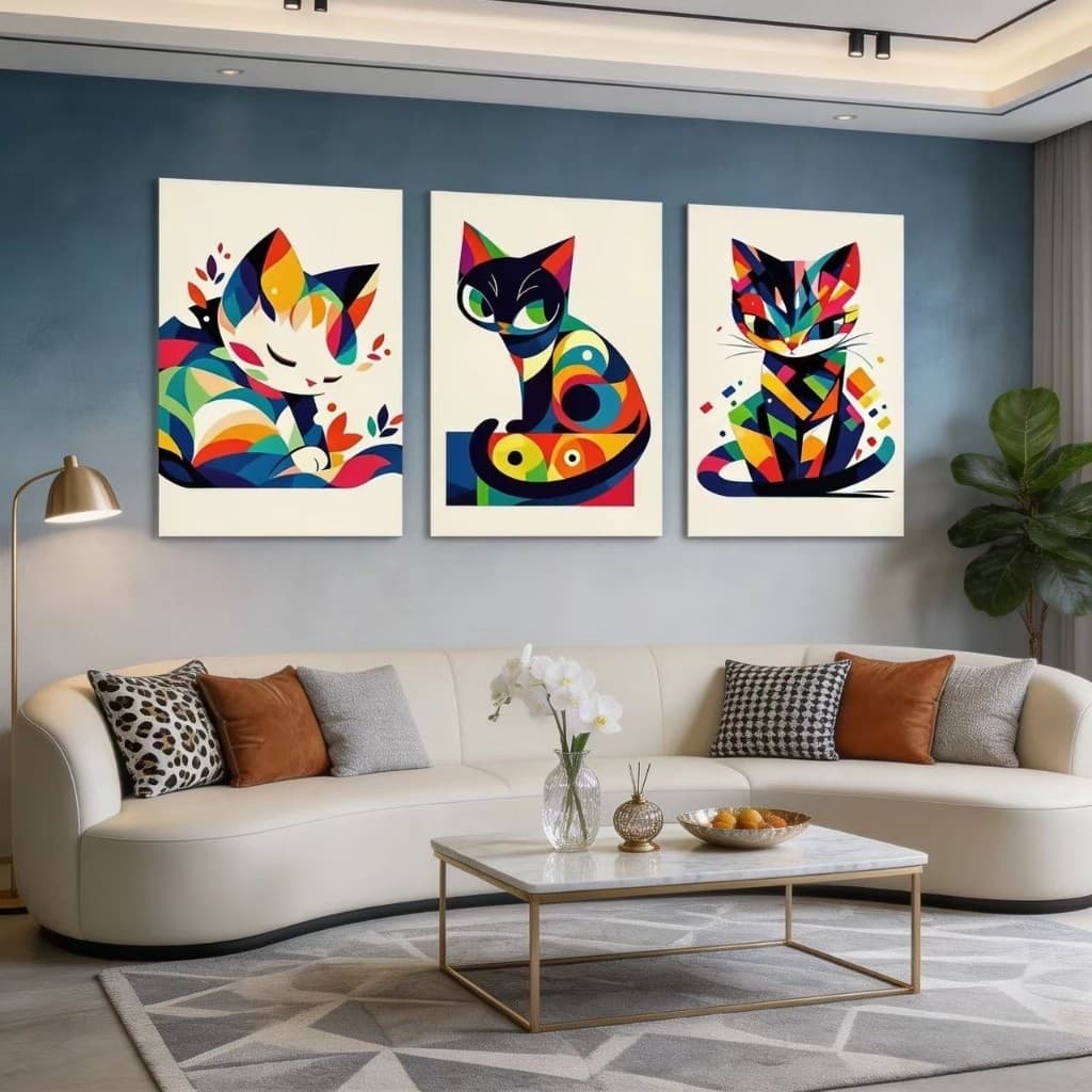 Kit 3 Quadro Decorativos Gato Abstrato Colorido Arte SalaDe Estar Quarto Escritório Impressão Hd Decoracao Parede