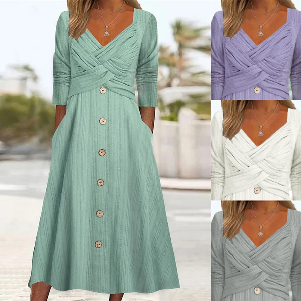 Pronto estoque 2026 outono inverno novo estilo feminino cor sólida manga comprida com decote em V botão cruzado vestido