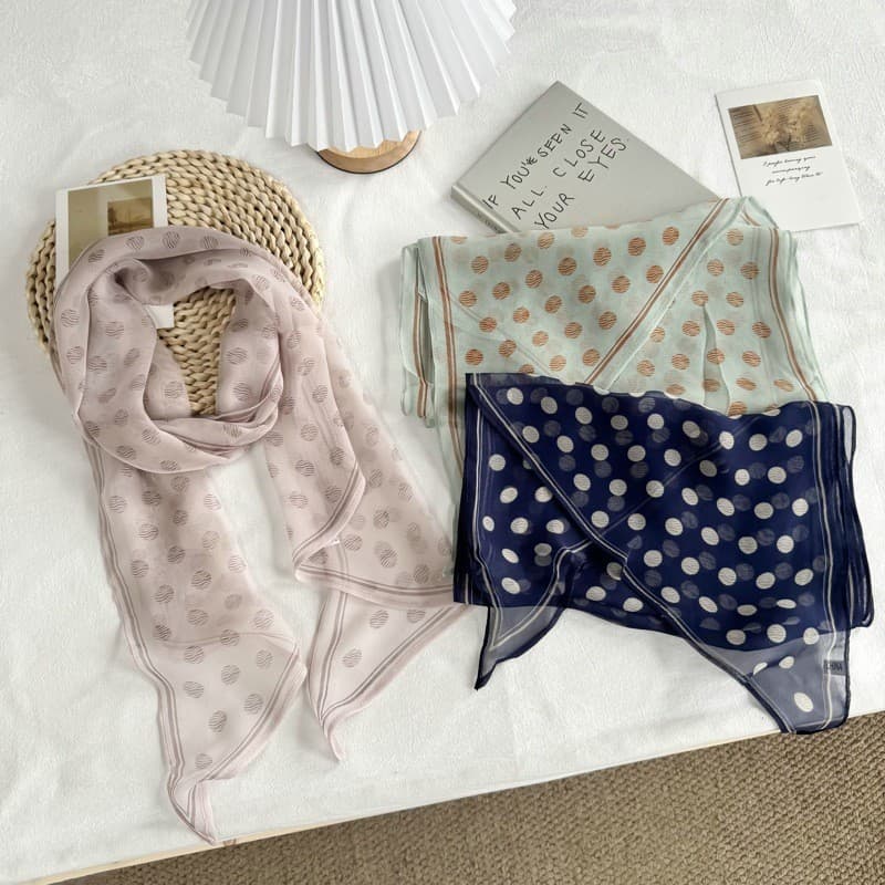 Estilo fino verão ~ estilo coreano azul bolinhas pescoço cachecol feminino High-End fita cachecol longo fita acessórios