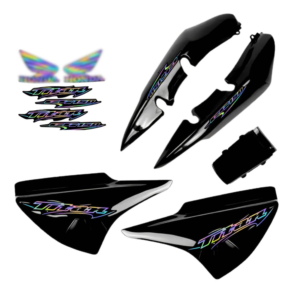 Carenagem Preta Tampas Laterais + Rabeta + Adesivos Holográfico Titan 150 Preto 2004 até 2008