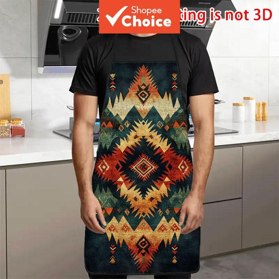 1Pc Avental de Cozinha Estampado Tribal Geométrico à Prova d’Água e Resistente a Óleo para Confeitaria, Churrasco, Café