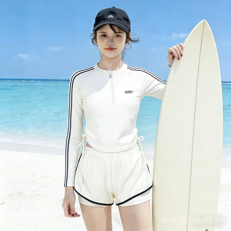 Novo maiô feminino, estilo esportivo para estudantes, modelador, conservador, de duas peças, de manga comprida, com prot