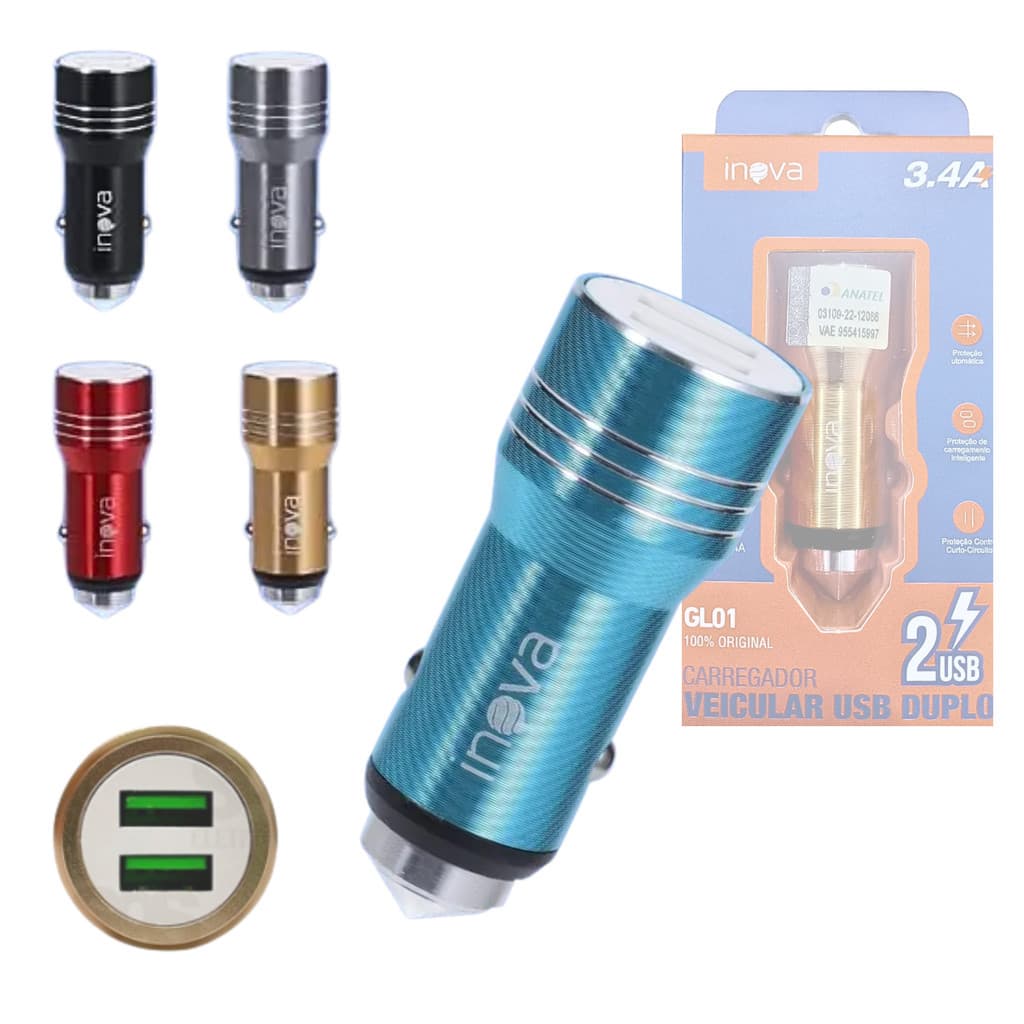 Carregador Veicular TURBO com 02 Portas USB 3.4A INOVA GL01