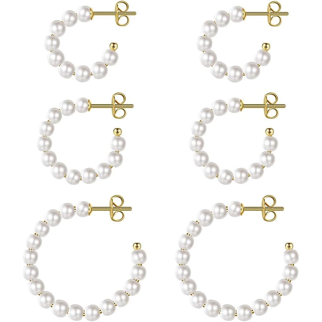 MUYAN 3 Pares de Brincos de Argola com Pérolas para Mulheres, Brincos de Pérolas Banhados a Ouro, Argolas Leves, Joias d