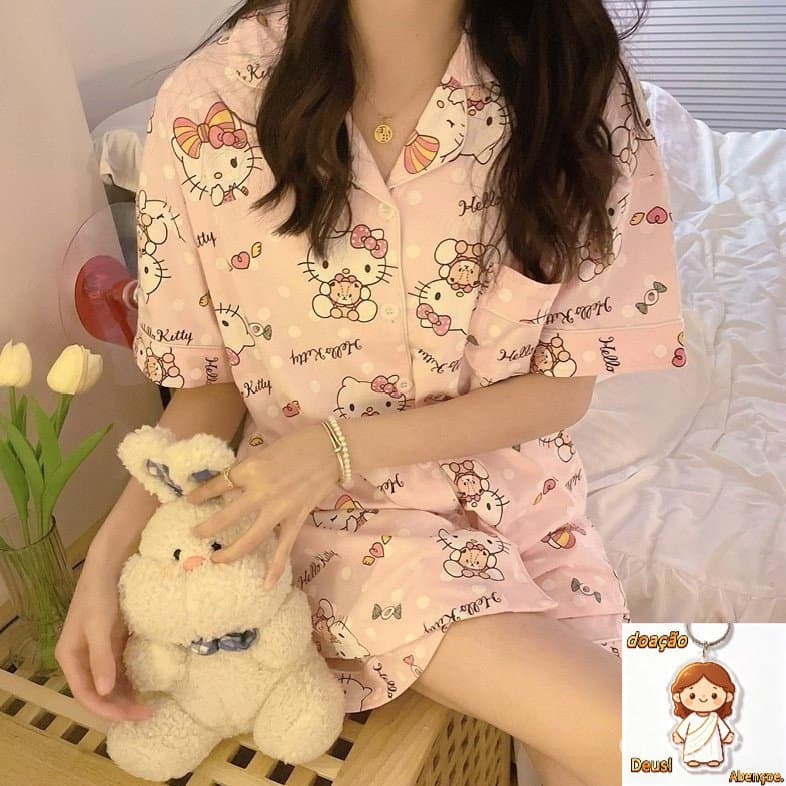 Promoção Pijamas de Algodão Estilo Japonês de Manga Curta para Mulheres Spoto Hello Kitty