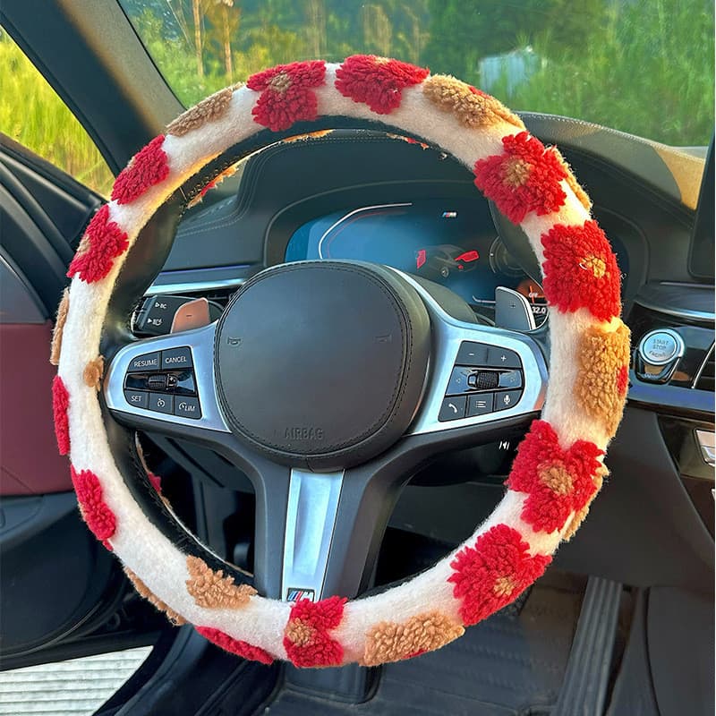 2025 novo estilo inverno flor de pelúcia inverno carro curto pelúcia capa de volante High-End carro quente aperto capa