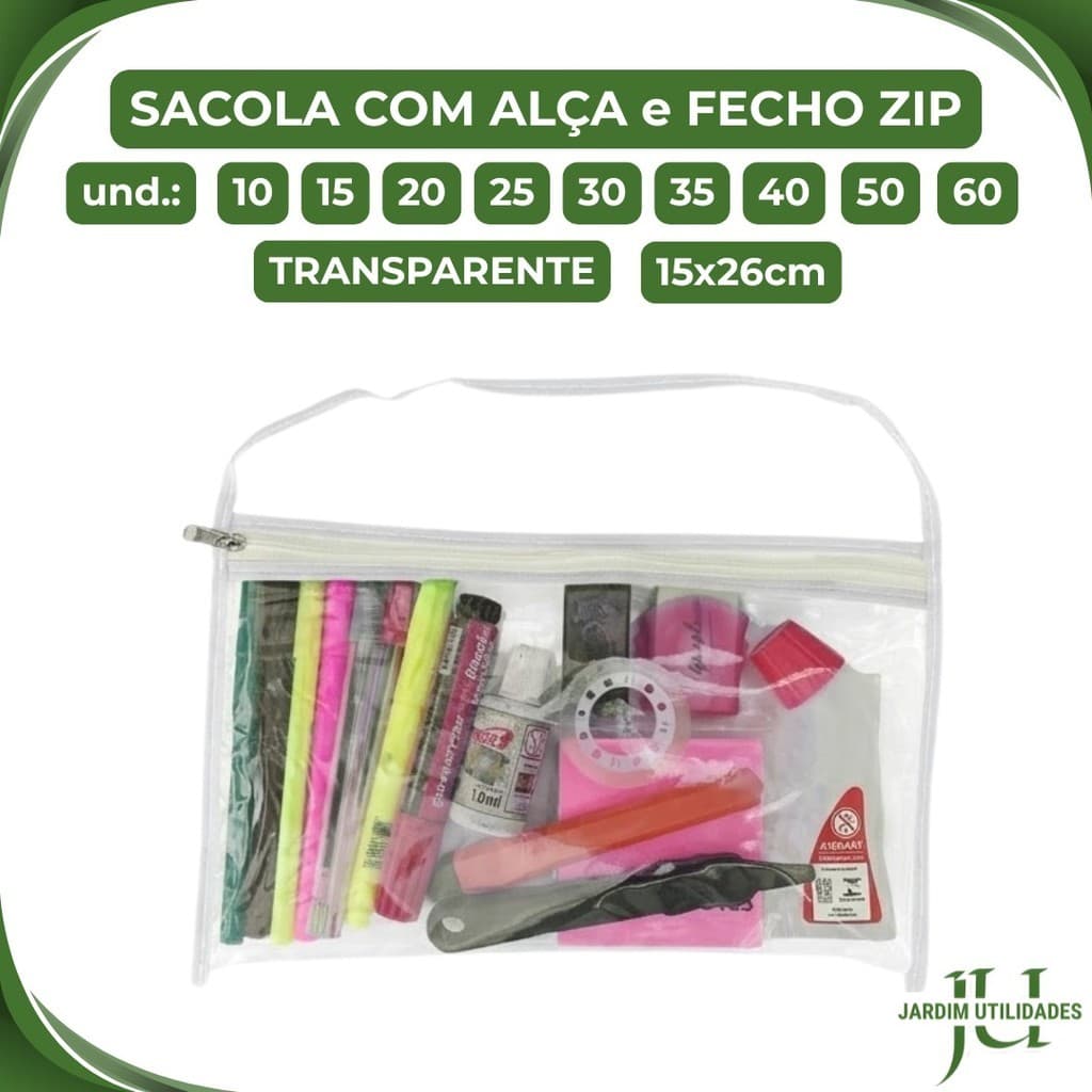 Organizadora Necessaire Transparente c/Zíper Multiuso p/lembrancinhas, Viagem, Estojo 15x26cm 685