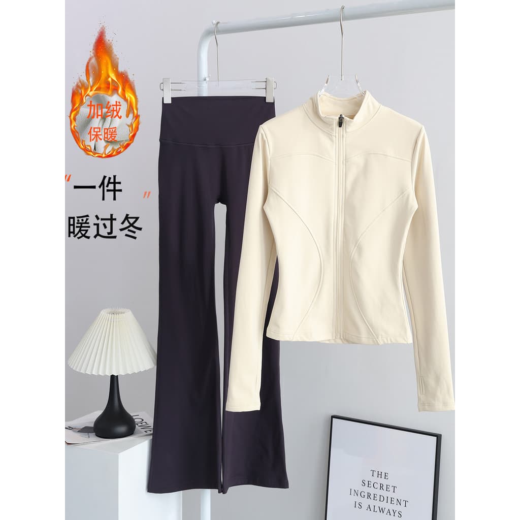 Velo-fleece terno esportivo feminino outono inverno gola alta escovado quente Fitness Yoga Wear jaqueta moda meados @