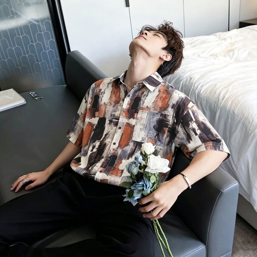 Americano Retro estilo Hong Kong pintura a óleo impresso camisa de manga curta solta na moda rufião bonito camisa mascul