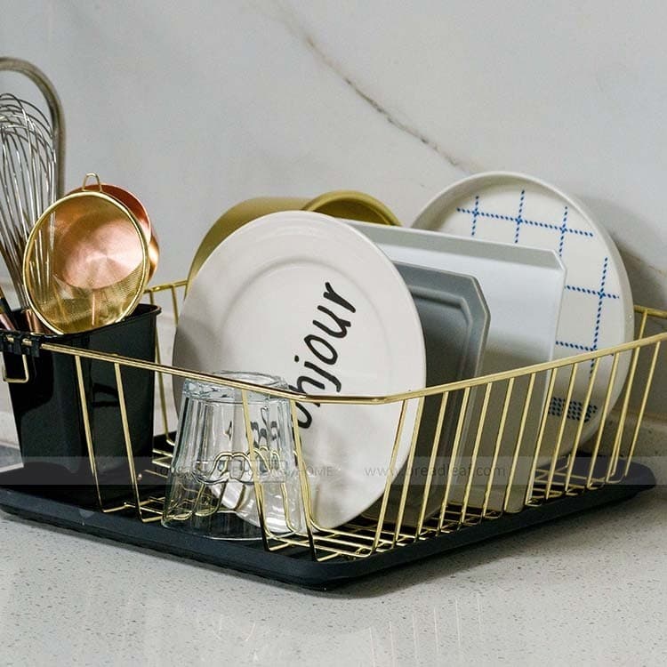 Ferro dourado prato rack de drenagem japonês nórdico cozinha rack placa armazenamento dreno filtro lavagem caixa talhere