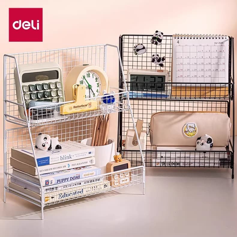 Deli rack de arquivo pequeno rack de malha de ferro de camada dupla rack de armazenamento de mesa de escritório rack org