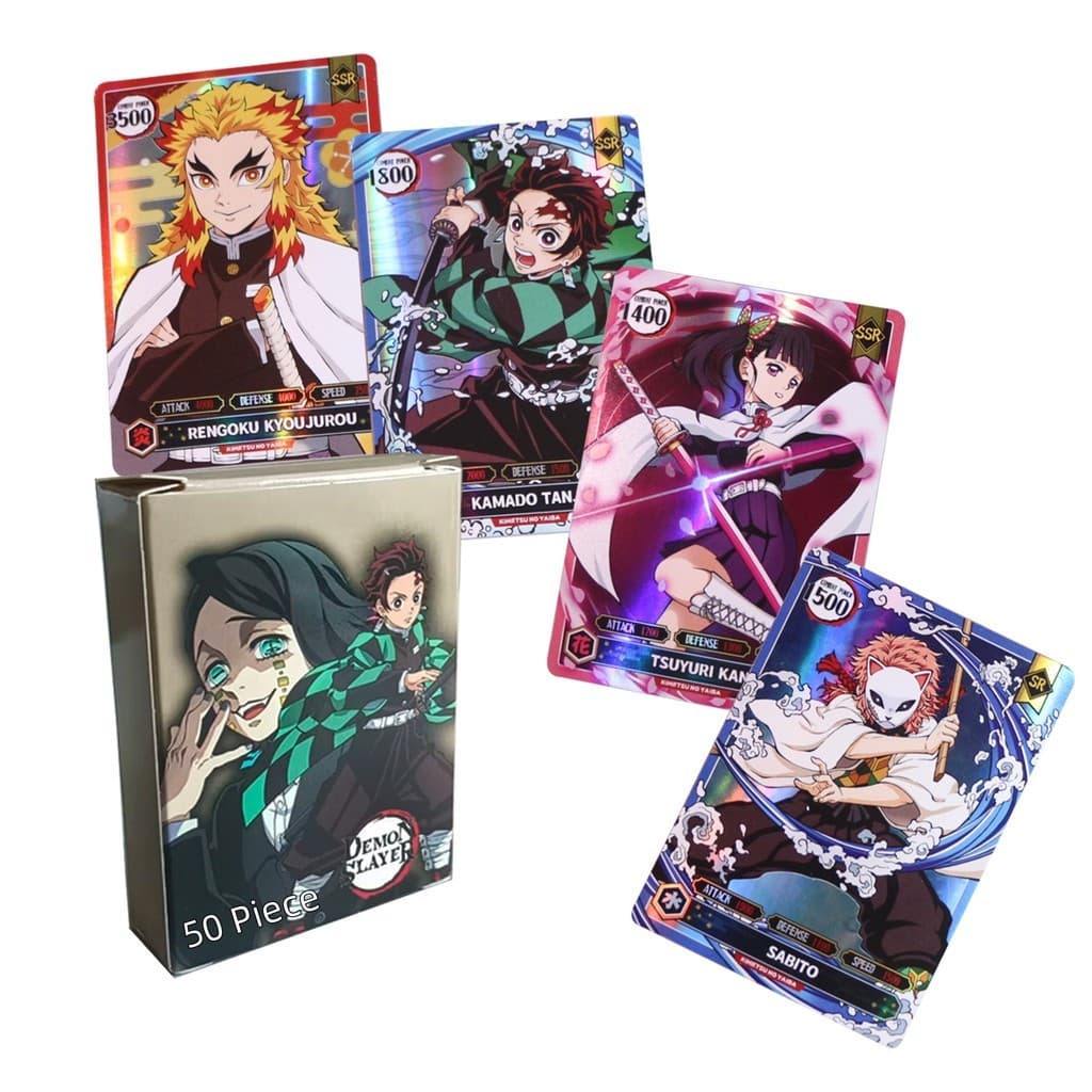 50 peças/caixa Jogo de Cartas Demon Slayer Tanjiro, Zenitsu, Brinquedo de Batalha Brilhante EENB
