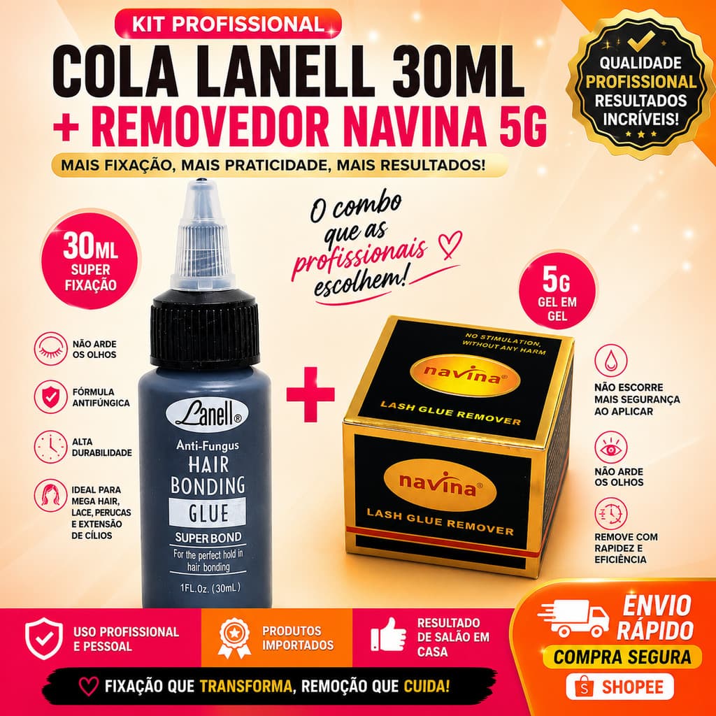 Kit Cola para Extensão de Cílios Lanell 30ml + Removedor de Cola de Cílios Navina 5g