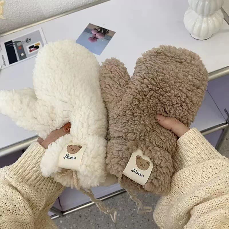 Inverno dos desenhos animados cordeiro velo urso rotulagem luvas feminino bonito estudante de pelúcia inverno equitação