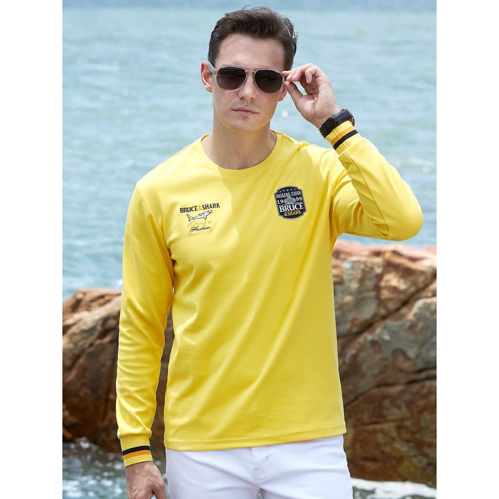 Primavera outono masculino de manga comprida camiseta Bruce Shark masculino Street Wear bordado solto tamanho grande top