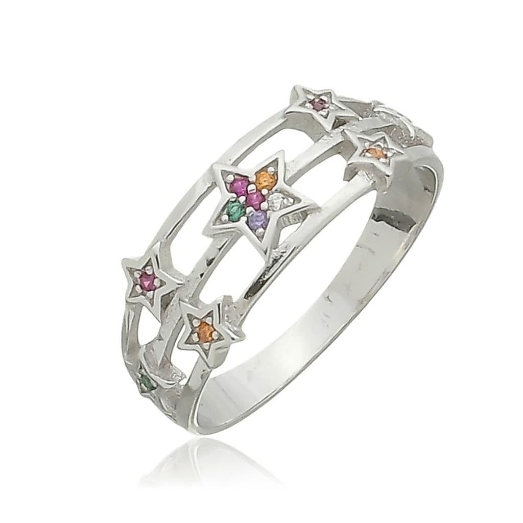 Anel Estrelas Com Zircônia Mix Color em Prata 925 Com Ródio