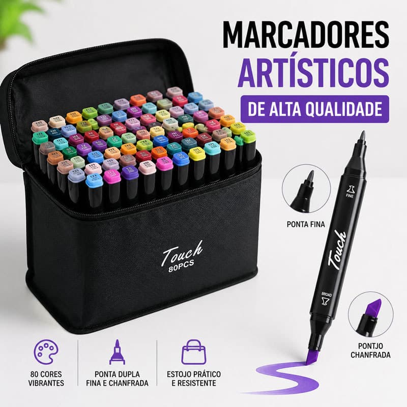 Kit 80 Canetas Marcadoras Touch Ponta Dupla Profissional Com Estojo de Transporte