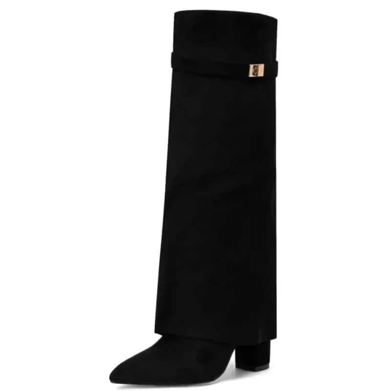 Botas Femininas de Cano Alto com Fivela de Metal Pontuda, Salto Grosso, Botas de Calça, Botas de Cano Médio da Moda, Col