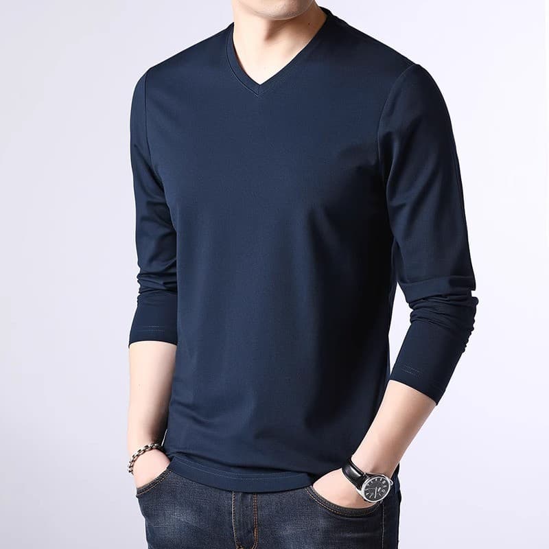 Camiseta masculina de manga comprida com decote em V camisa de fundo gola coração primavera outono básico roupas masculi