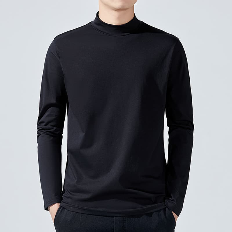 2026 primavera solta puro algodão estilo Hong Kong gola alta manga comprida camiseta masculina roupas superiores camiset