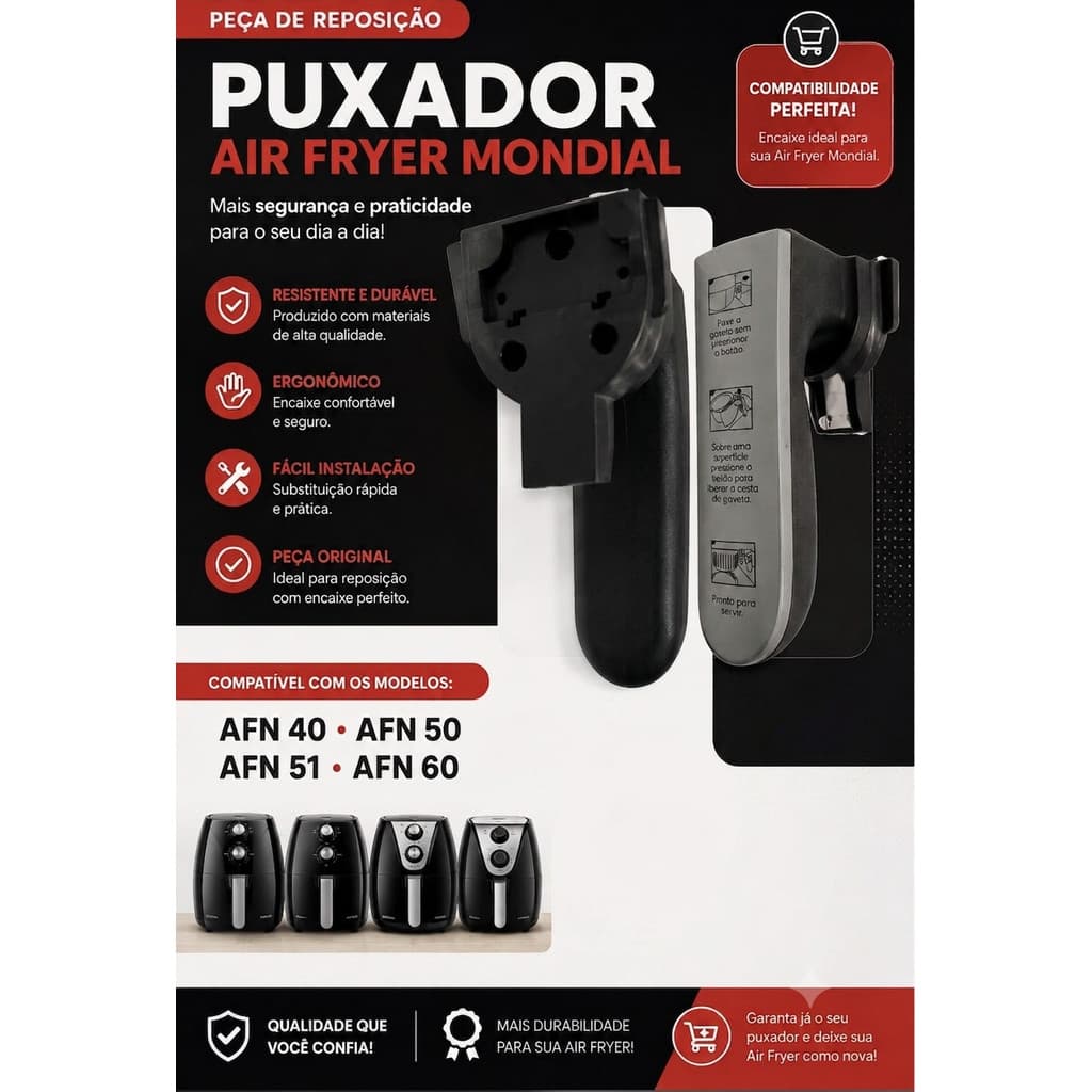 Cabo Puxador Air Fryer Compatível Mondial AFN 40 / 50 / 51 / 60 Preto