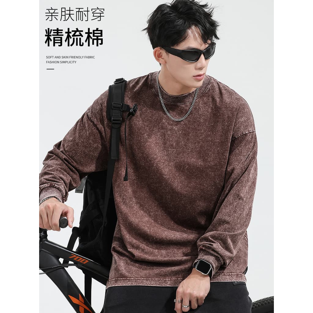 Retro lavado de manga comprida camiseta masculina outono solto em torno do pescoço Casual topo americano High Street caí