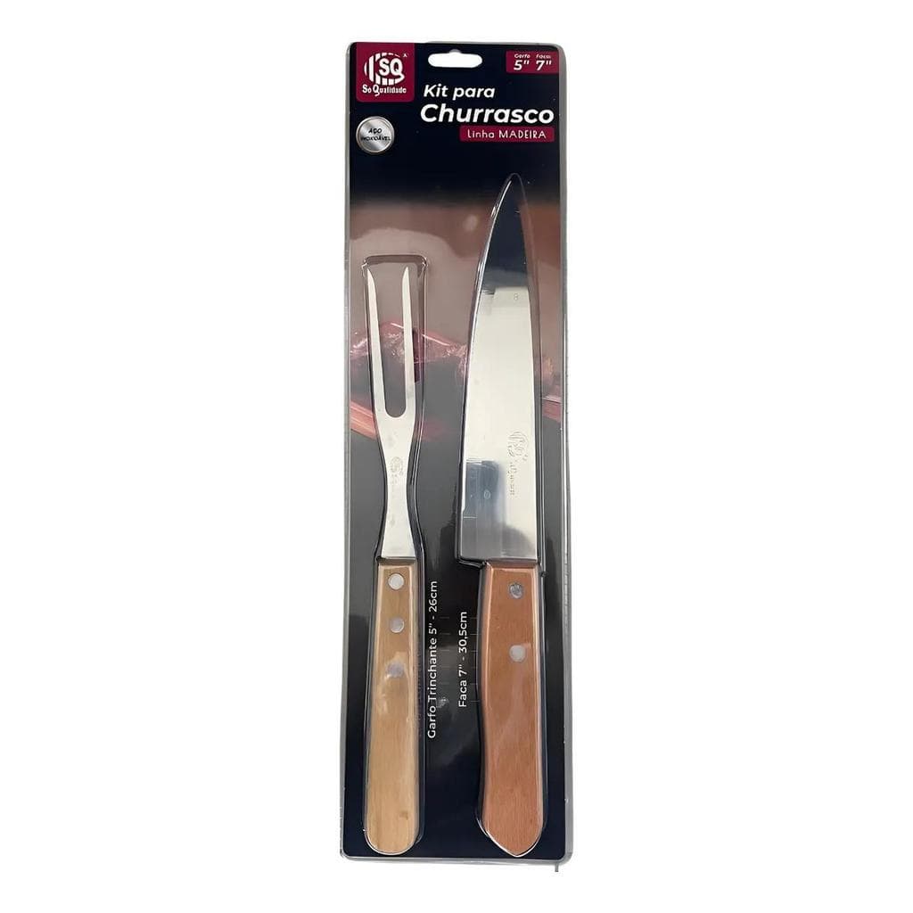 Kit Churrasco 02 Peças Garfo Faca Aço Inox Madeira