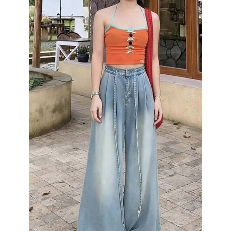 Design de verão Jeans de perna larga feminino novo estilo All-Match calças de chão cintura alta solta magro