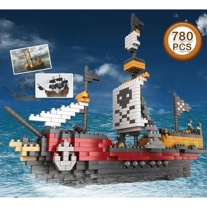 Conjunto de blocos de montar com 780 peças, blocos de quebra-cabeça de navio pirata, brinquedo educativo de férias DIY B