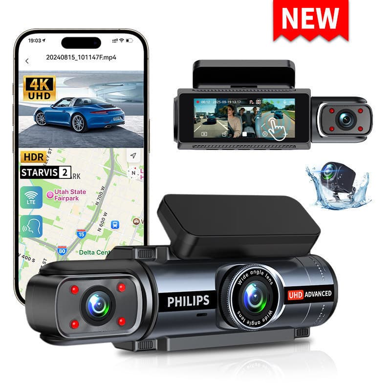 Câmera automotiva sem fio de duplo canal Dingweite 4K, visão panorâmica de 360 graus, sem necessidade de instalação, sem