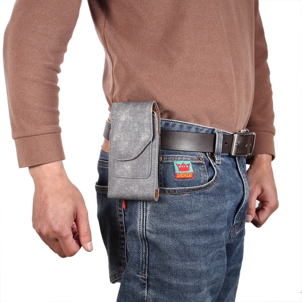 Bolsa para celular com padrão jeans, resistente ao desgaste, cinto pendurado, bolsa de cintura, capa de couro da moda, f