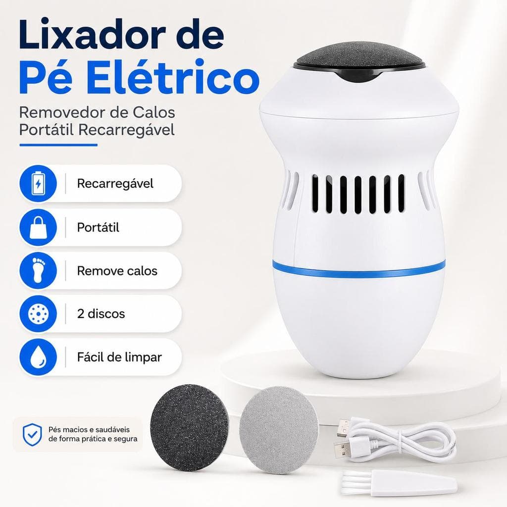 Lixador de Pé Elétrico Recarregável Removedor de Calos Portátil Ped Tec com 2 Discos Abrasivos, Cabo USB e Escova de Lim