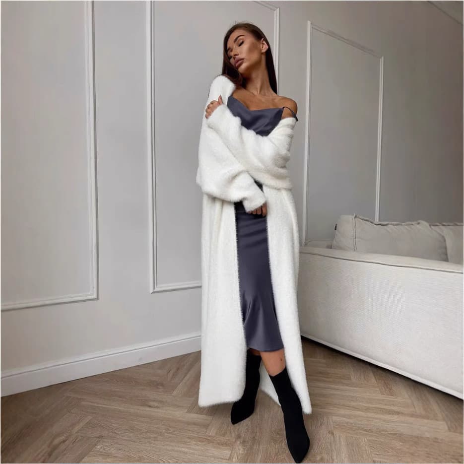 Cross-Border falso vison branco malhas cardigan casaco feminino outono inverno solto pelúcia fofo longo cardigan