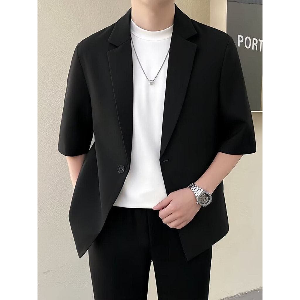 Terno Casual masculino de verão manga três quartos moda solta terno jaqueta manga curta rufião bonito único botão fino t