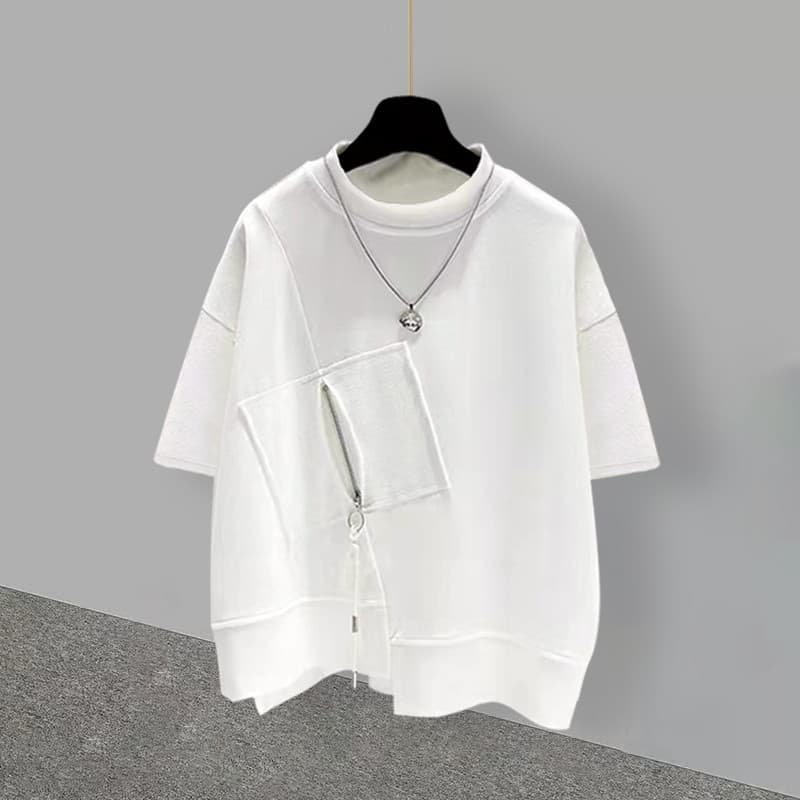 Street Wear camiseta de manga curta masculina verão ins All-Match zíper costura Design solto roupas de casal H