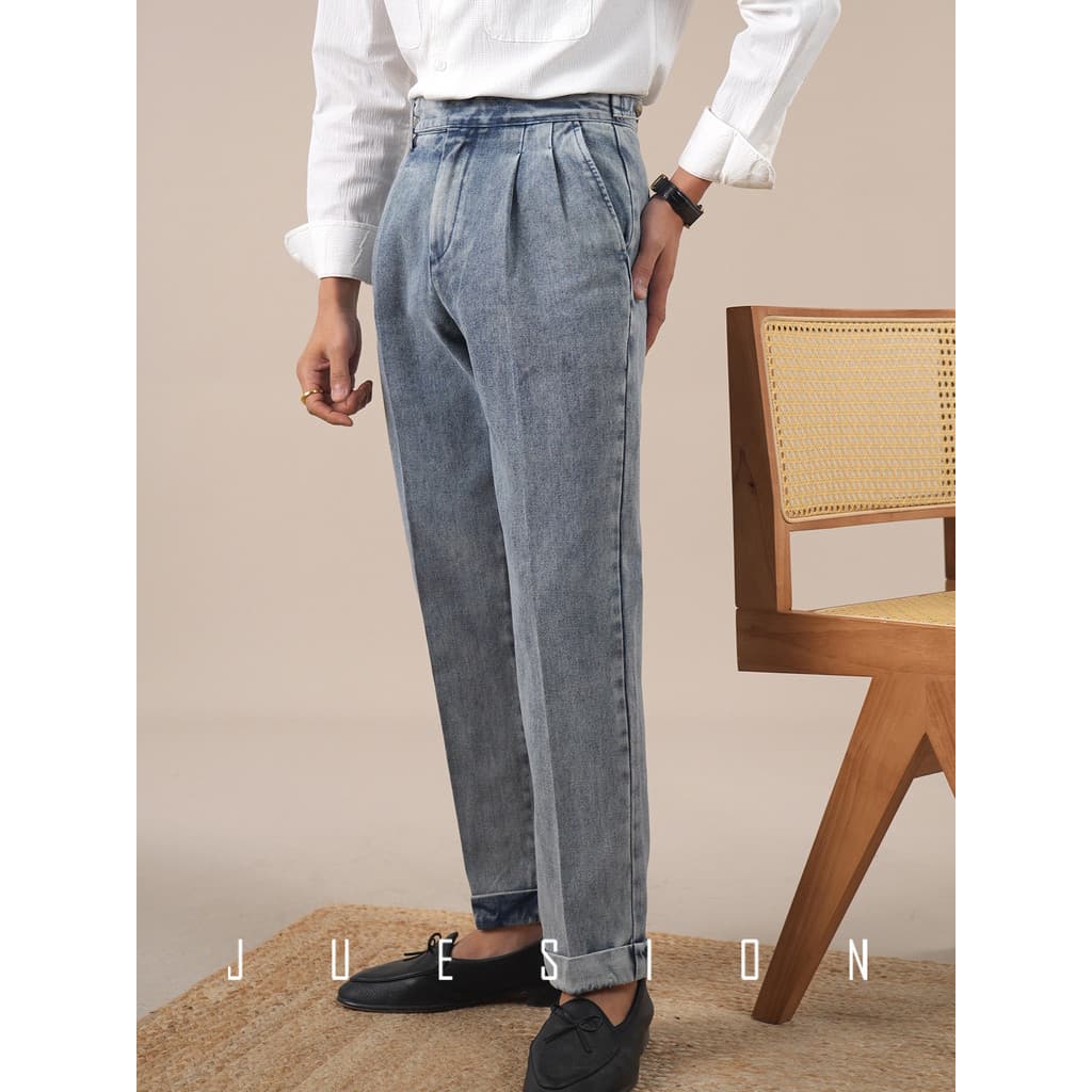 Jucean italiano Gurka Jeans masculino duplo plissado lavado algodão pele-amigável Casual negócios All-Match calças retas