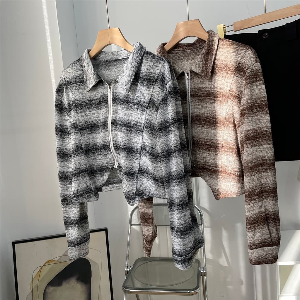 Americano Retro contraste cor listrado malha Cardigan feminino outono quente menina chique duplo zíper curto manga longa